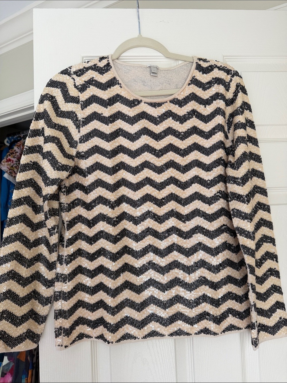 J. Crew Black and Cream Sequin Chevron Long-Sleeve Top